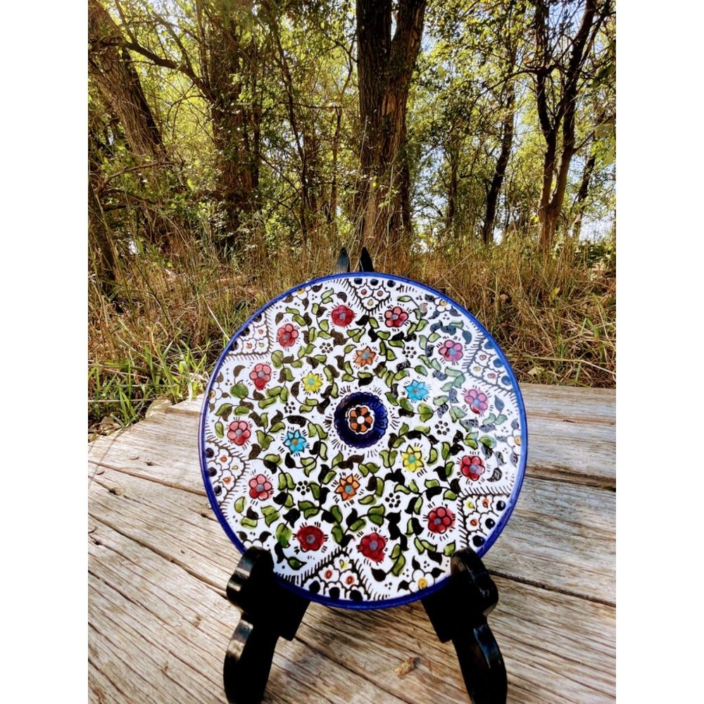 Vintage Stoneware tea trivet Hot Plate Blue floral Hand Painted